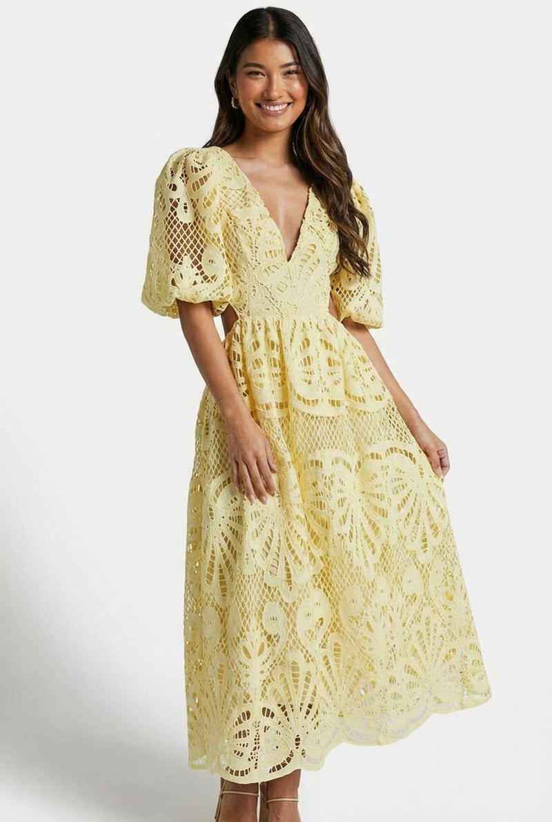 Lace Wedding Guest Dress-dresses > lace dress-Laventaire-Pastel Yellow-S-Laventaire