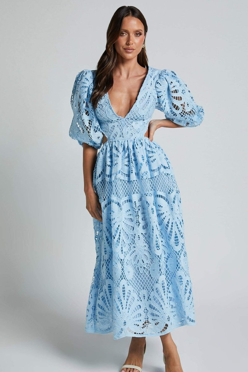 Lace Wedding Guest Dress-dresses > lace dress-Laventaire-Sky Blue-S-Laventaire