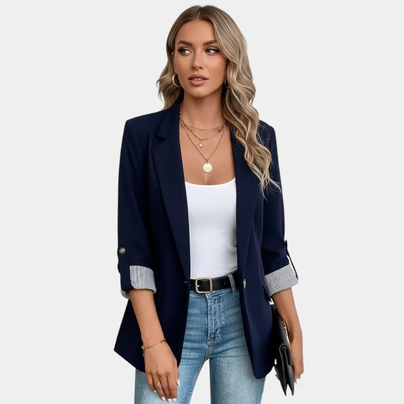 Lapel Collar Slim Fit Blazer-blazers > lapel collar blazer-Laventaire-Navy Blue-S-Laventaire