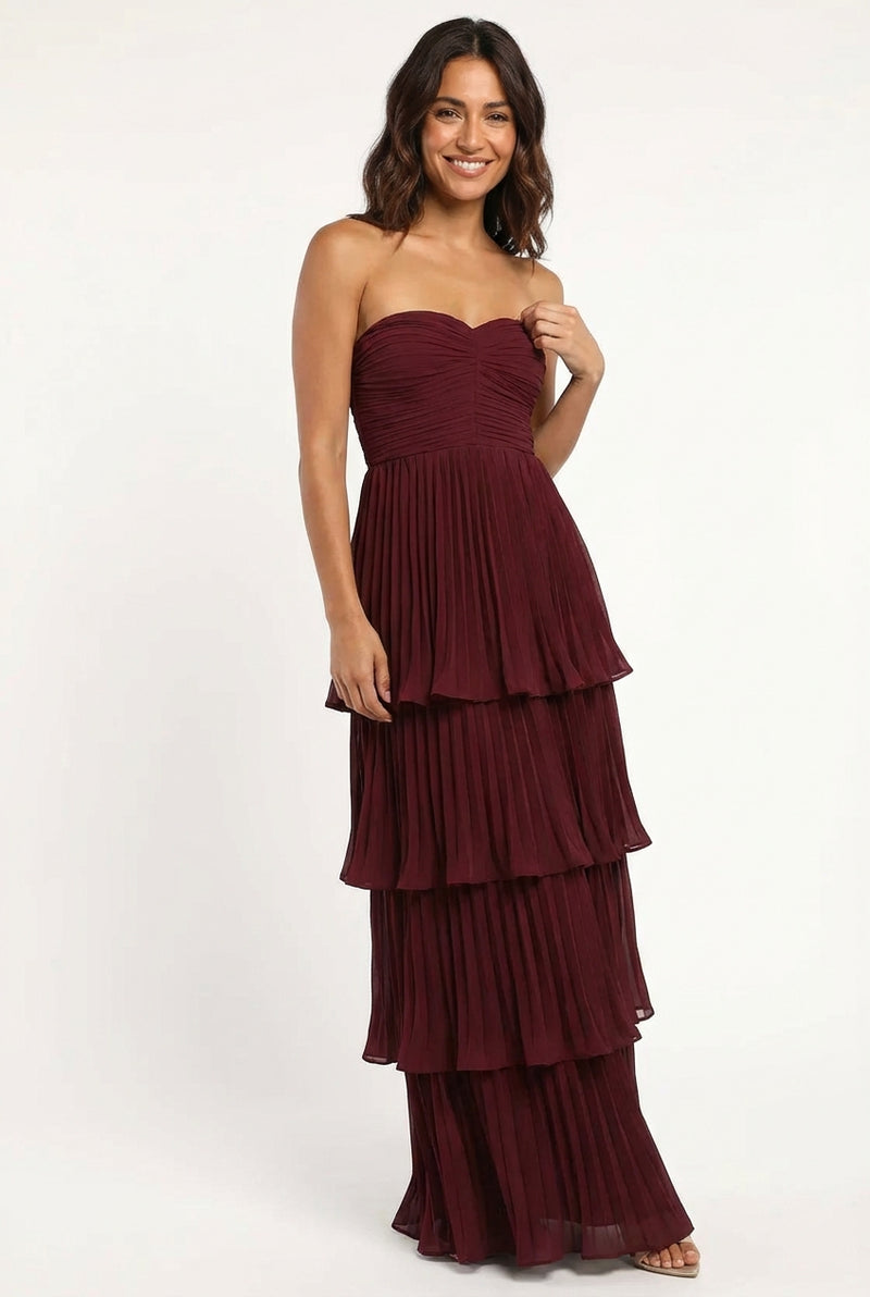 Layered Strapless Dress-dresses > formal dress-Laventaire-Burgundy-S-Laventaire