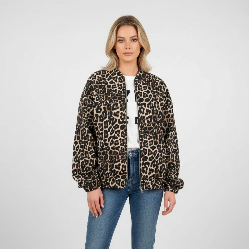 Leopard Print Bomber Jacket-outerwear > bomber jacket-Laventaire-Laventaire