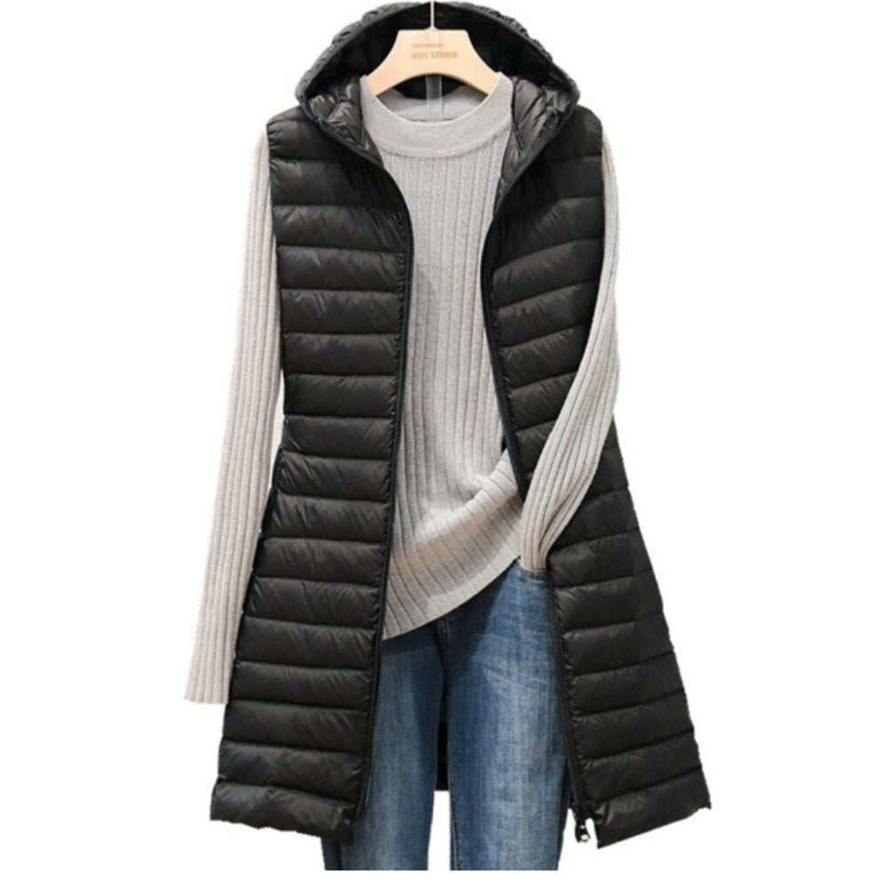 Long Padded Sleeveless Vest-outerwear > vest-Laventaire-Black-M-Laventaire