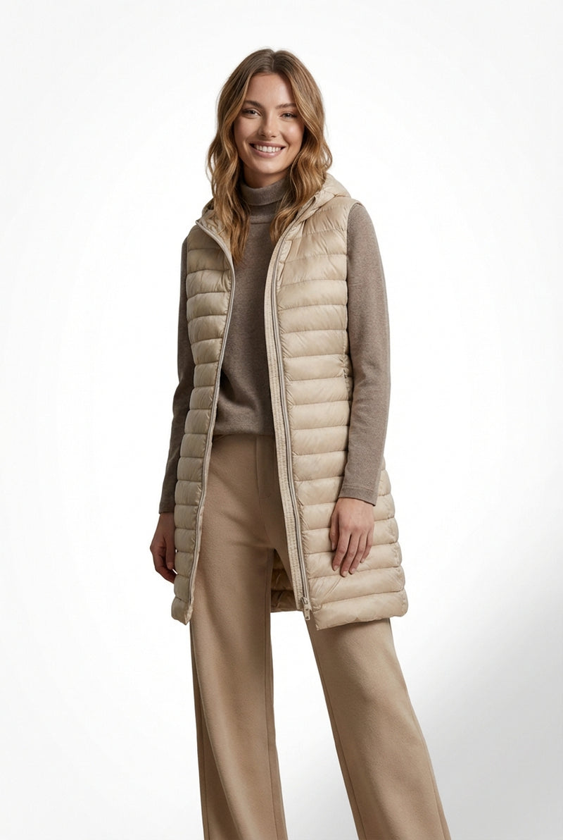 Long Padded Sleeveless Vest-outerwear > vest-Laventaire-Light Beige-M-Laventaire