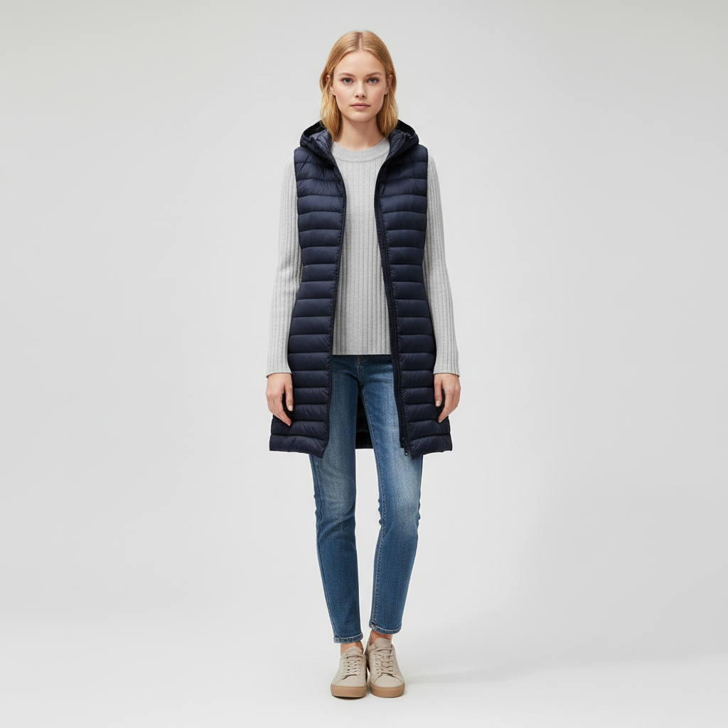 Long Padded Sleeveless Vest-outerwear > vest-Laventaire-Navy Blue-M-Laventaire