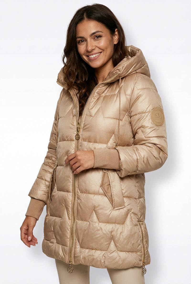 Long Quilted Casual Jacket-outerwear > jackets > quilted jackets-Laventaire-Beige-S-Laventaire