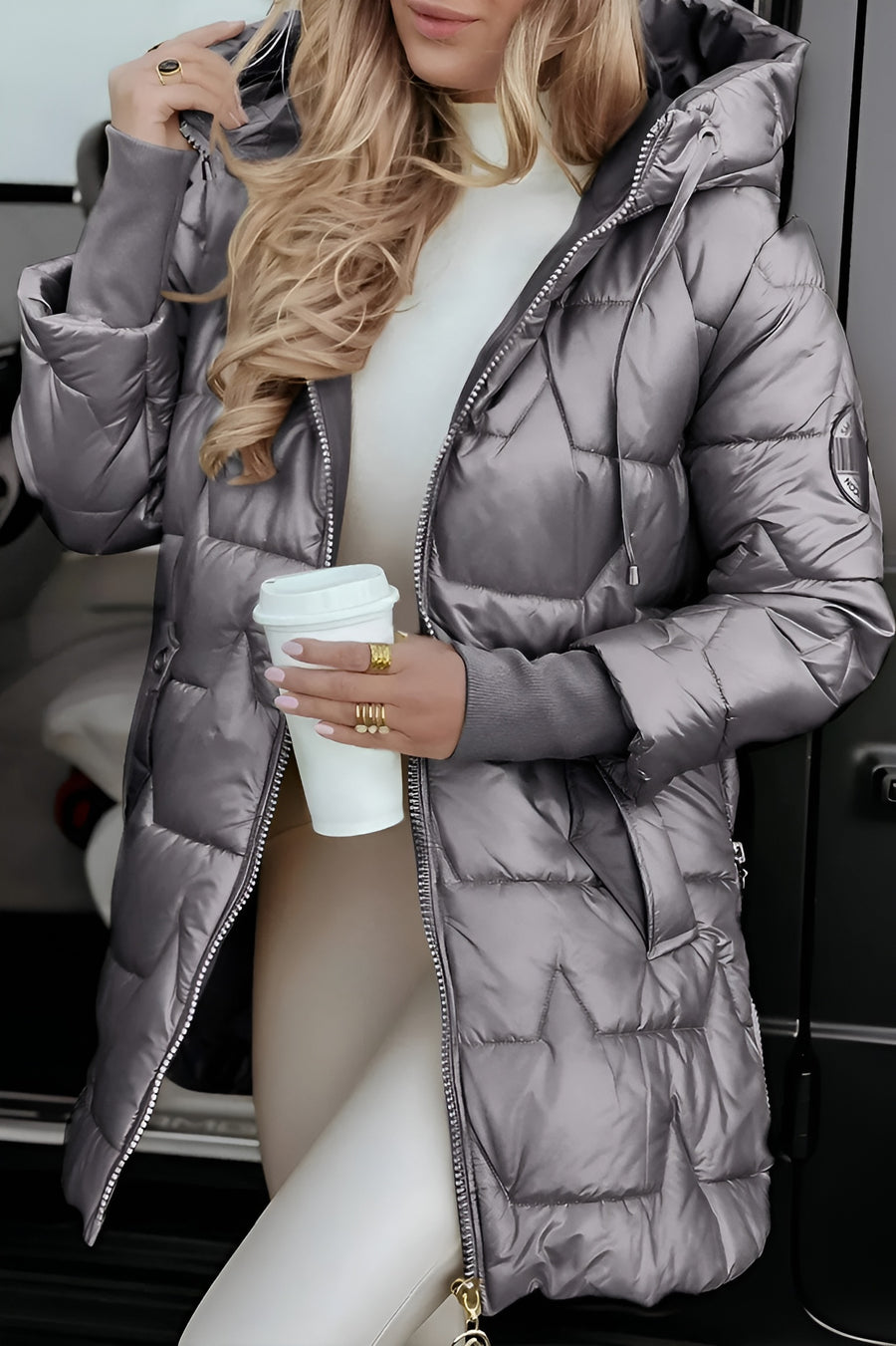 Long Quilted Casual Jacket-outerwear > jackets > quilted jackets-Laventaire-Gray-S-Laventaire