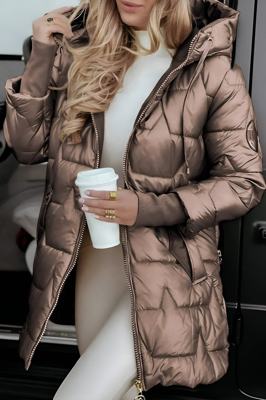 Long Quilted Casual Jacket-outerwear > jackets > quilted jackets-Laventaire-Light Taupe-S-Laventaire
