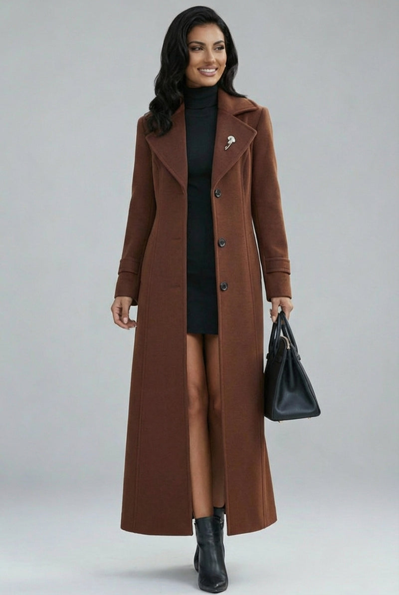 Long Shawl Collar Coat-coats > long coats-Laventaire-Brown-S-Laventaire