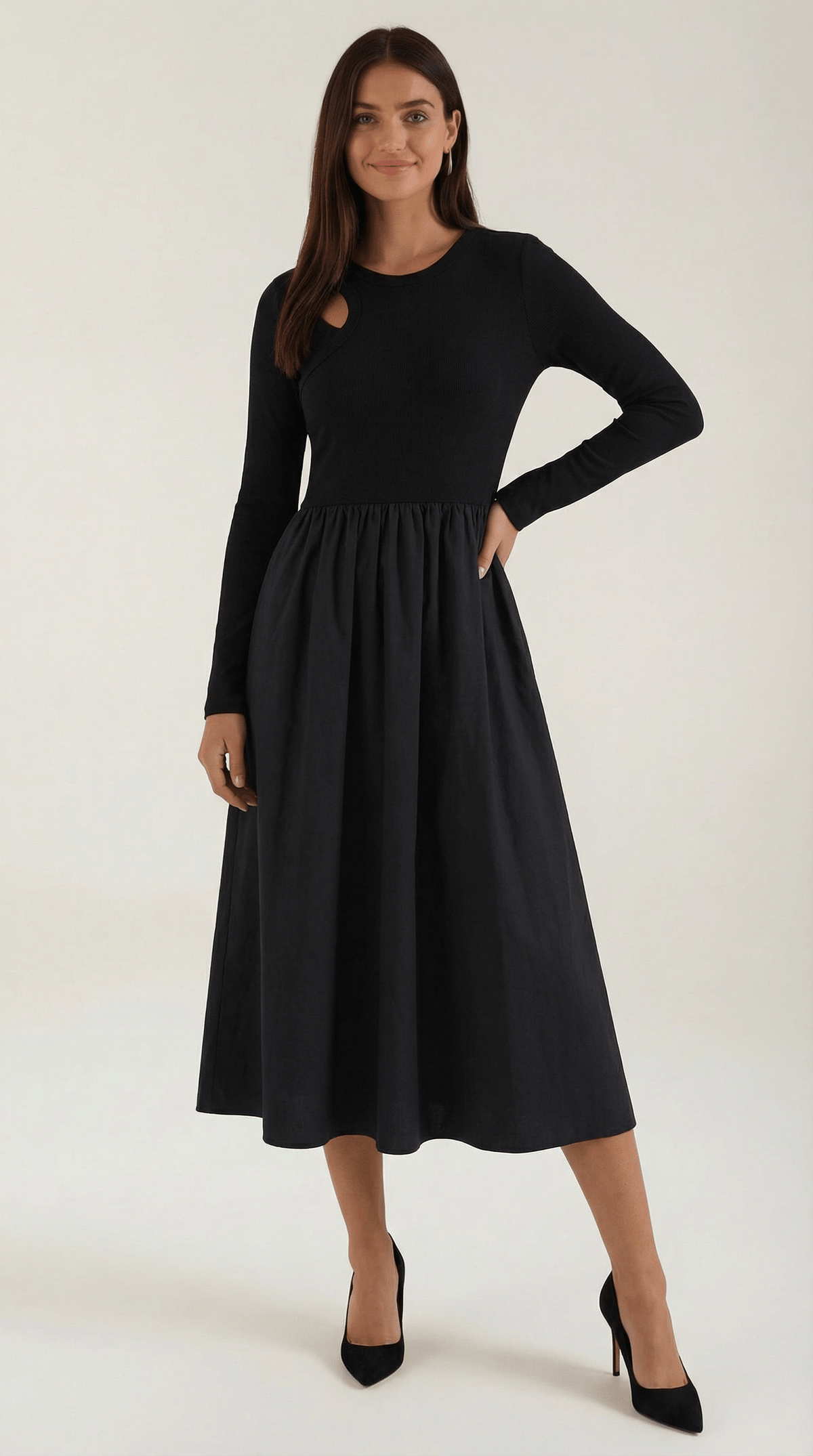 Long Sleeve Black Midi Dress-dresses > midi dress-Laventaire-Laventaire