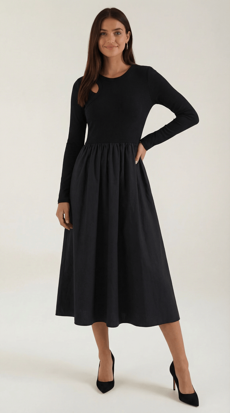 Long Sleeve Black Midi Dress-dresses > midi dress-Laventaire-Laventaire