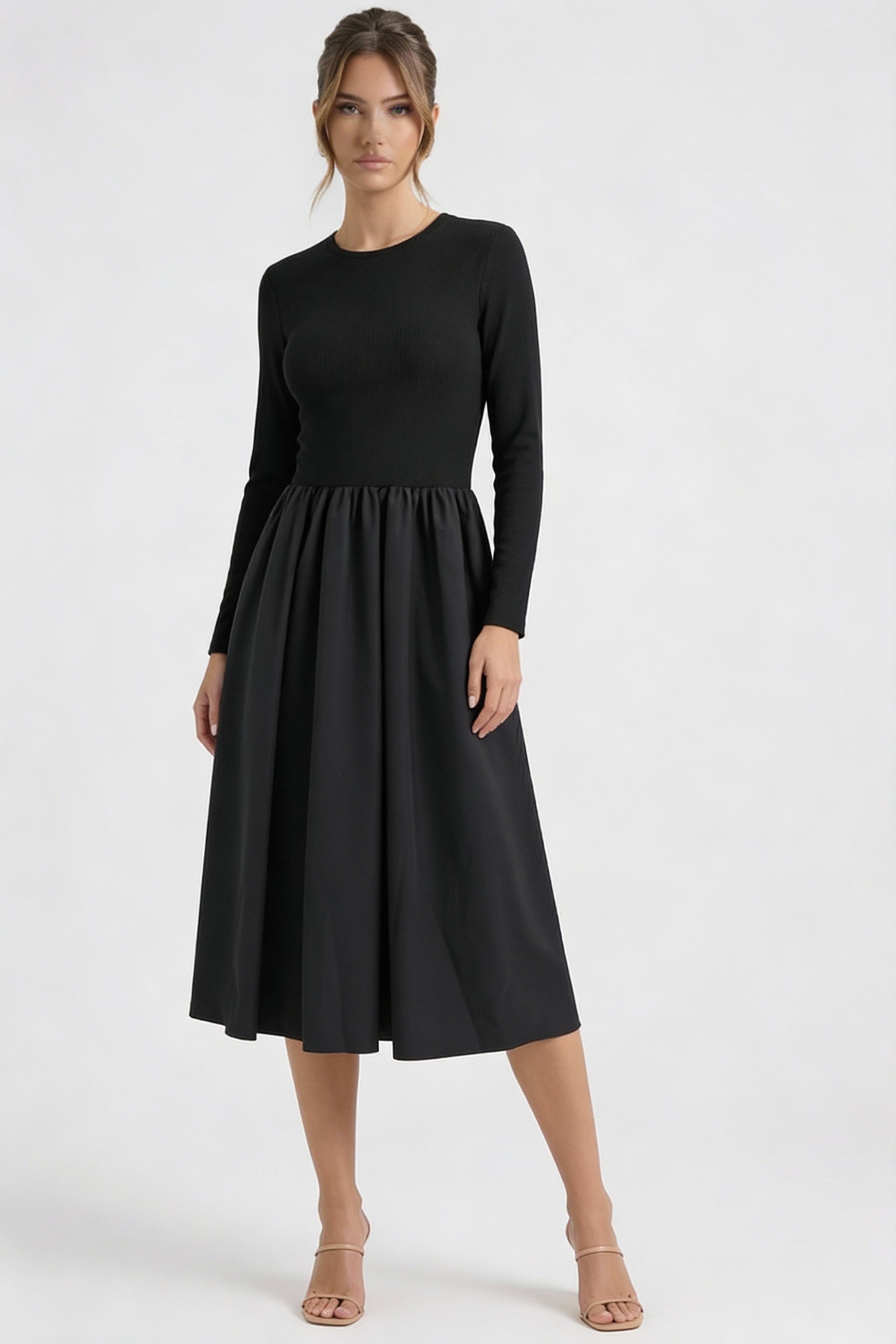 Long Sleeve Black Midi Dress-dresses > midi dress-Laventaire-Laventaire