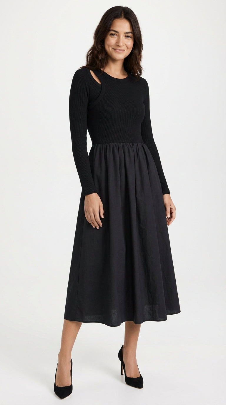 Long Sleeve Black Midi Dress-dresses > midi dress-Laventaire-Black-S-Laventaire