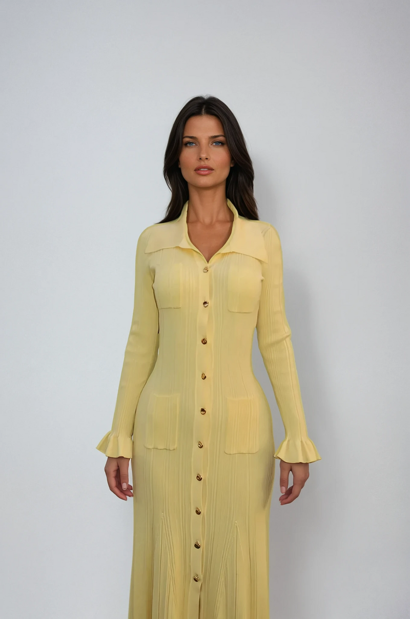 Long Sleeve Collar Midi Dress-dresses > midi dress-Laventaire-Laventaire