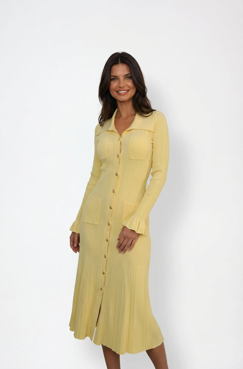 Long Sleeve Collar Midi Dress-dresses > midi dress-Laventaire-Pastel Yellow-XS-Laventaire