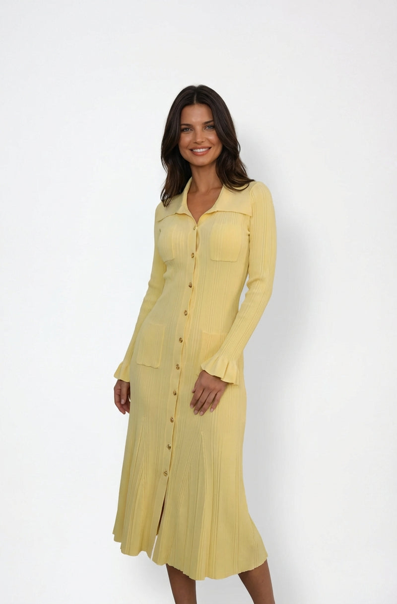 Long Sleeve Collar Midi Dress-dresses > midi dress-Laventaire-Pastel Yellow-XS-Laventaire