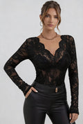 Long Sleeve Lace Top-tops > long sleeve tops > lace tops-Laventaire-Black-S-Laventaire