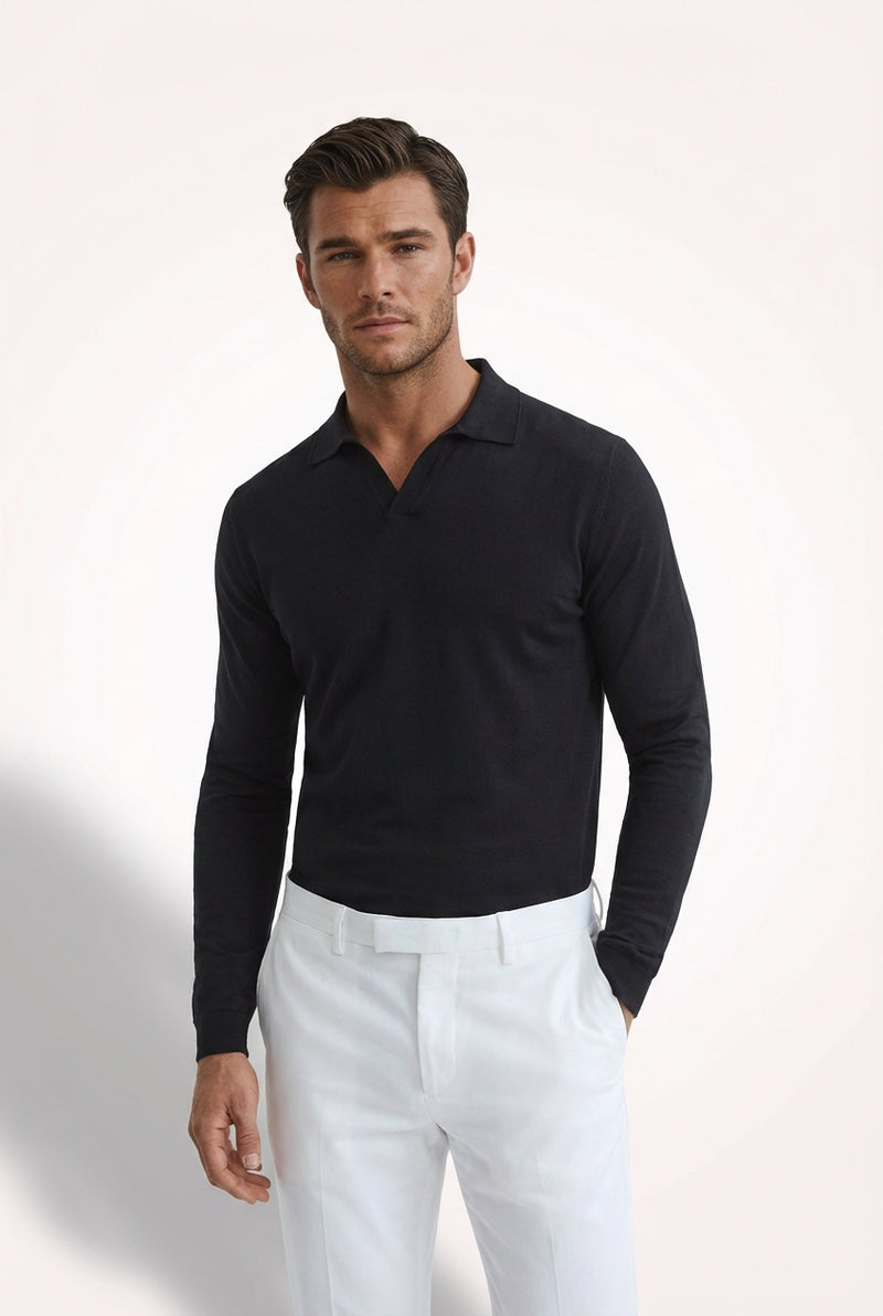 Long Sleeve Polo Shirt-shirts > polo shirts > long sleeve polo shirts-Laventaire-Black-S-Laventaire