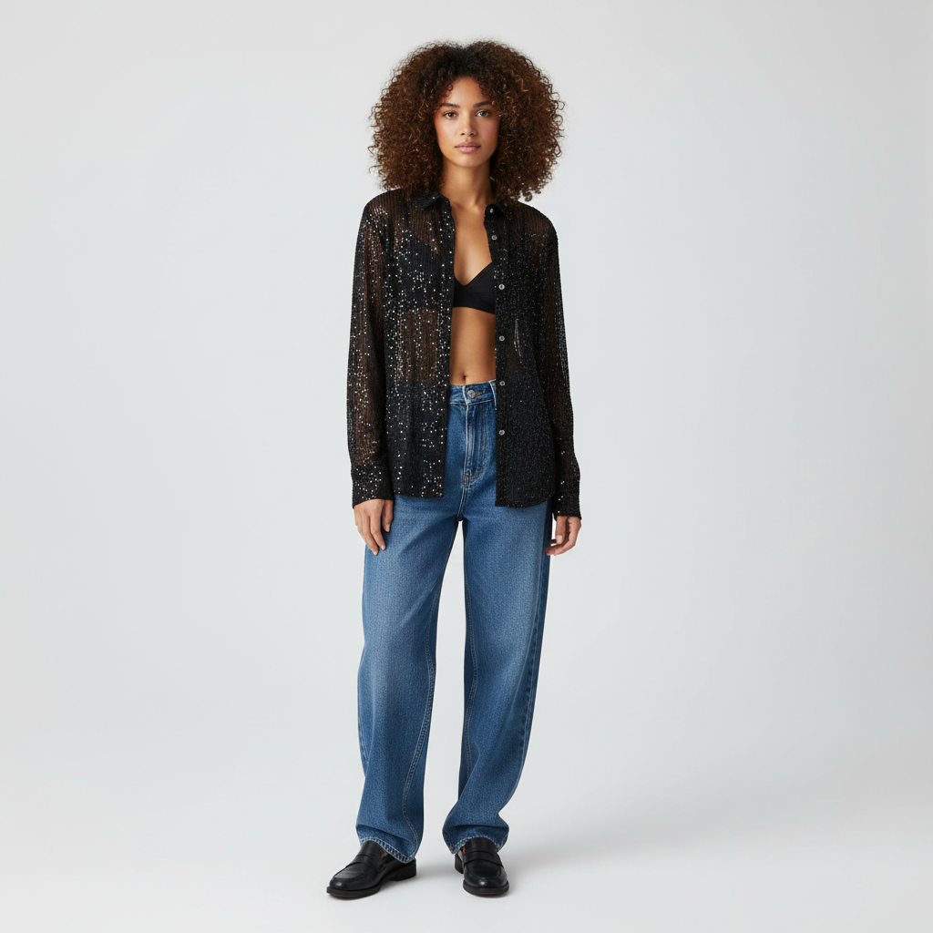 Loose Fit Sequin Blouse-tops > blouses-Laventaire-Black-S-Laventaire