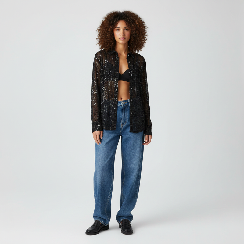Loose Fit Sequin Blouse-tops > blouses-Laventaire-Black-S-Laventaire