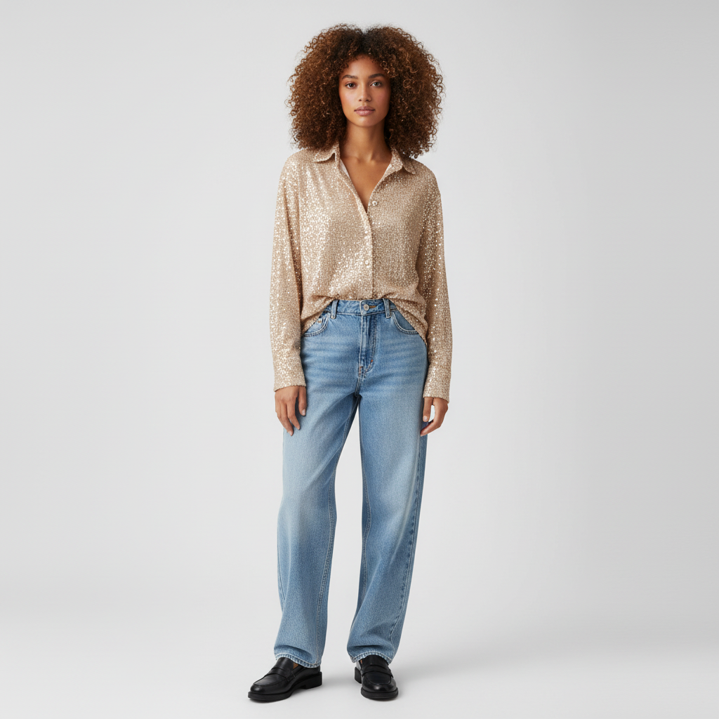 Loose Fit Sequin Blouse-tops > blouses-Laventaire-Gold-S-Laventaire