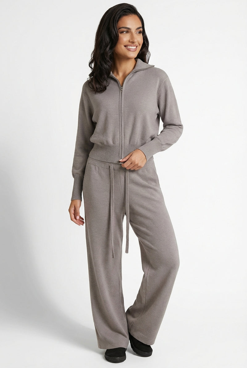Loungewear Set With Zip Top-loungewear > loungewear set-Laventaire-Light Gray-S-Laventaire