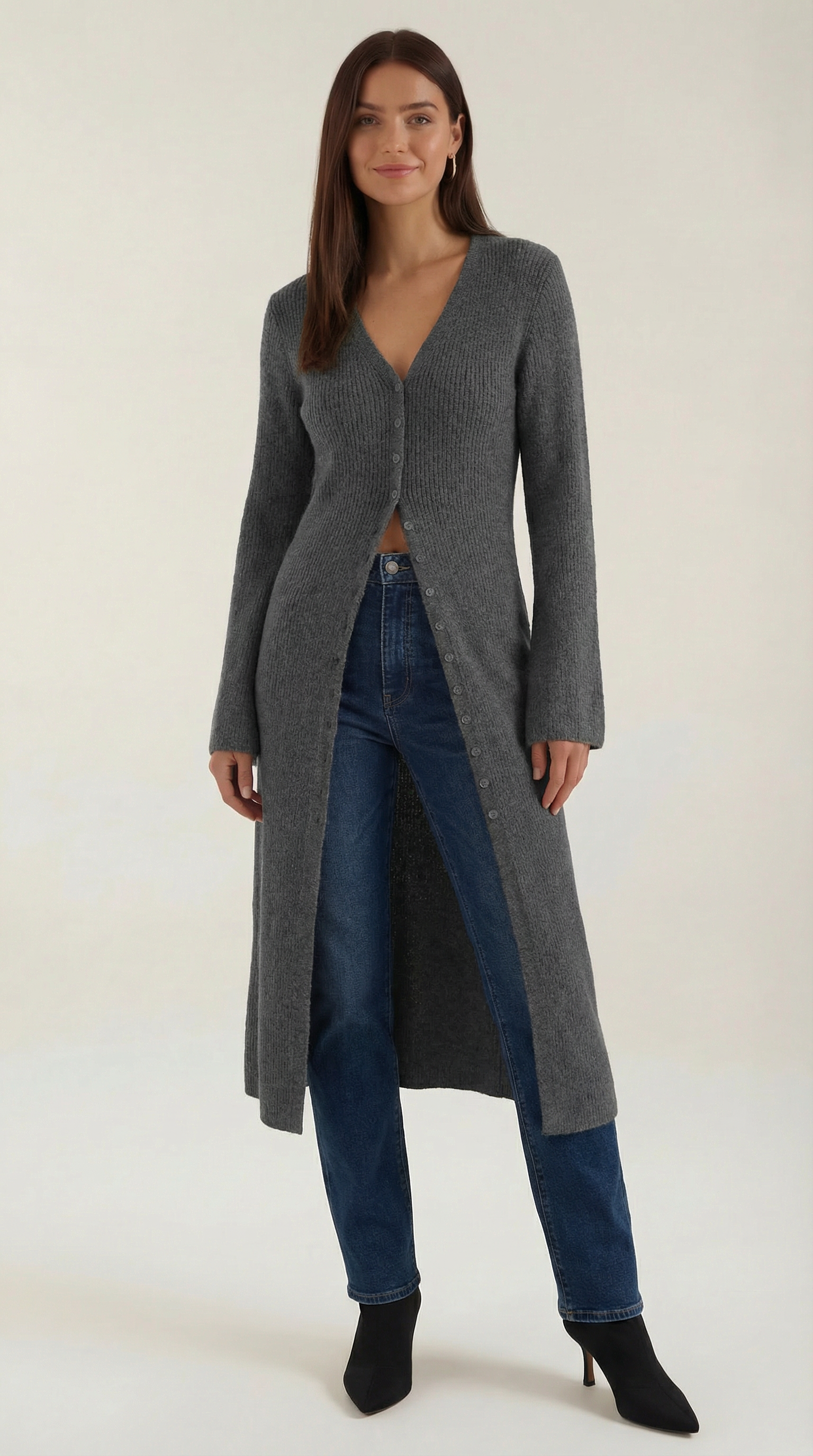 Maxi Cardigan V-Neck-cardigans > long cardigan-Laventaire-Dark Gray-S-Laventaire