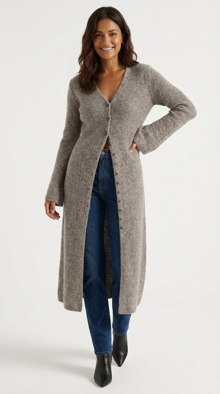 Maxi Cardigan V-Neck-cardigans > long cardigan-Laventaire-Taupe-S-Laventaire
