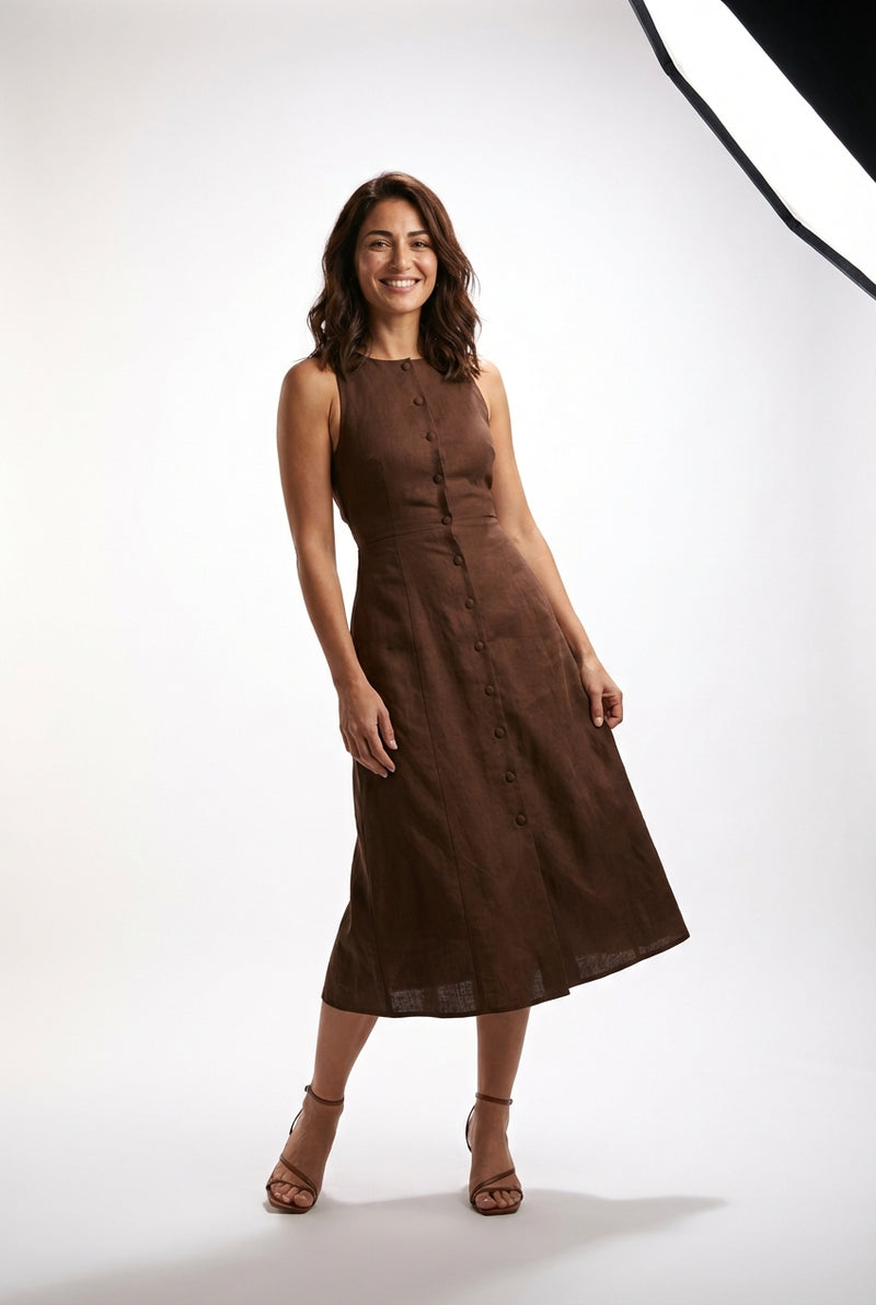 Midi Dress Cinched Waist-dresses > midi dress-Laventaire-Dark Brown-XS-Laventaire
