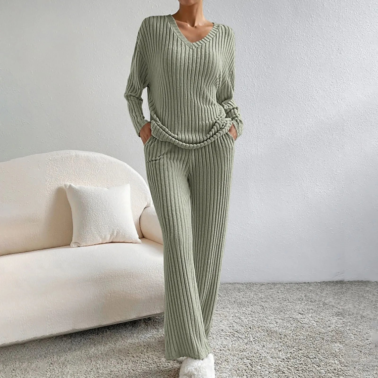 Minimalist Lounge Two-Piece Set-loungewear > lounge set-Laventaire-Light Green-S-Laventaire