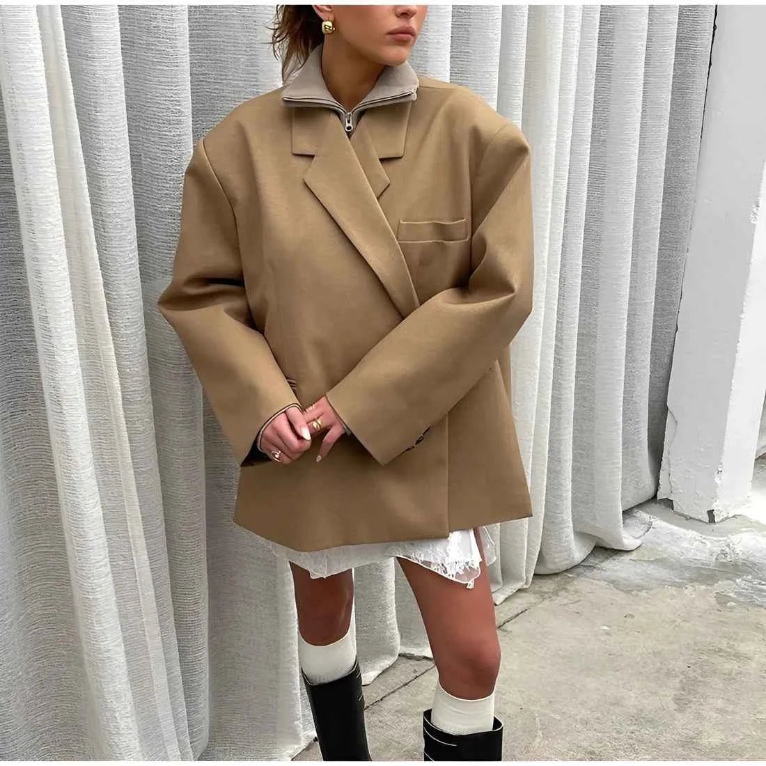 Modern Oversized Blazer Jacket-outerwear > blazers > oversized blazers-Laventaire-Camel-S-Laventaire