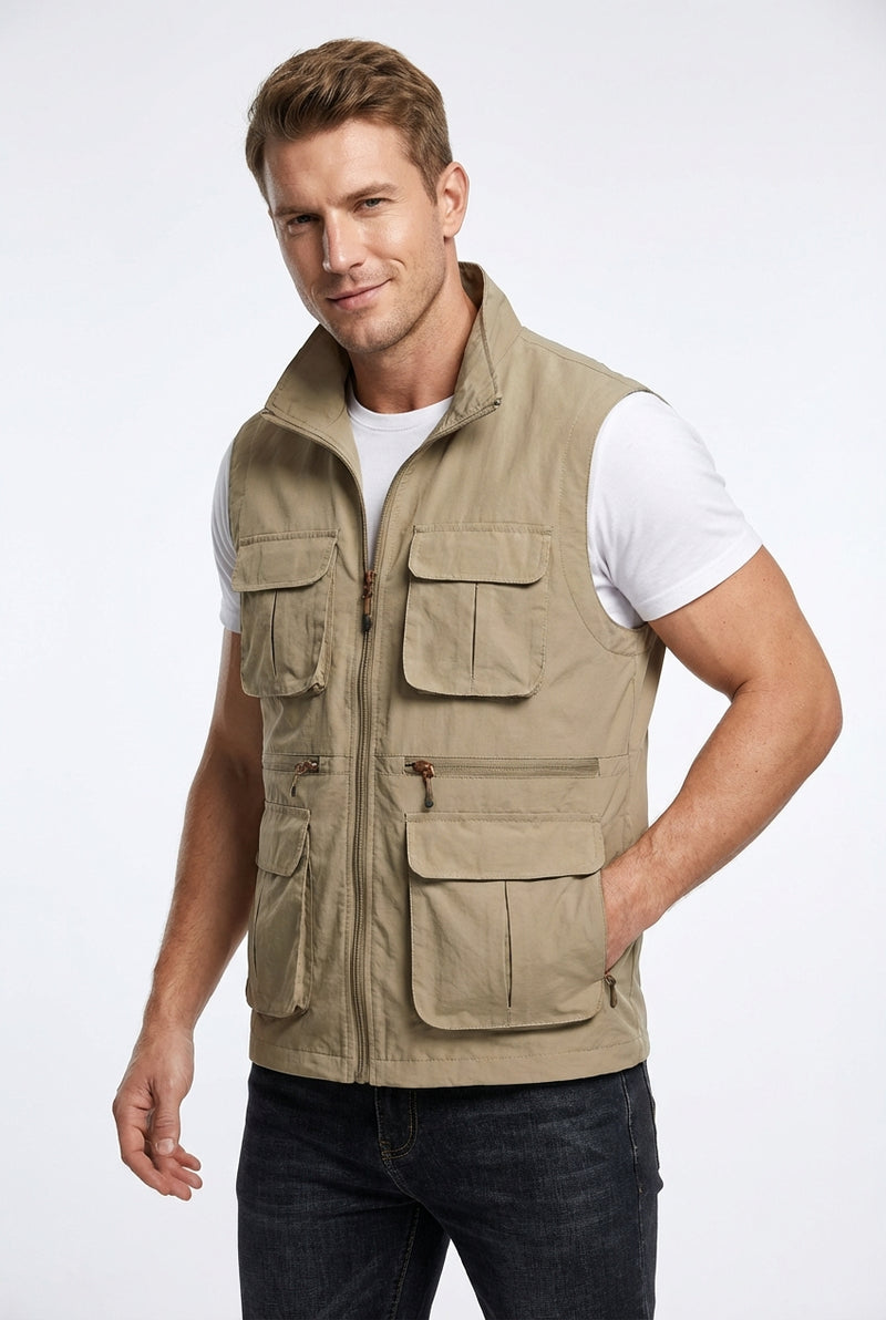 Multi-Pocket Outdoor Vest-outerwear > vests-Laventaire-Khaki-S-Laventaire