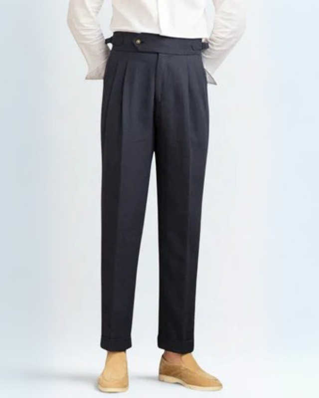 Navy Blue Pleated Trousers-trousers > pleated trousers-Laventaire-Laventaire