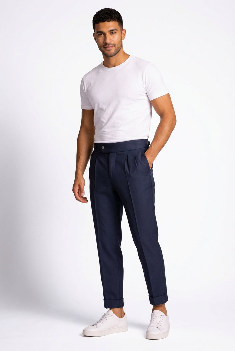 Navy Blue Pleated Trousers-trousers > pleated trousers-Laventaire-Navy Blue-S-Laventaire