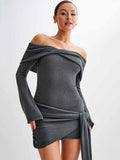 Off-Shoulder Bodycon Mini Dress-dresses > bodycon dress-Laventaire-Dark Gray-S-Laventaire