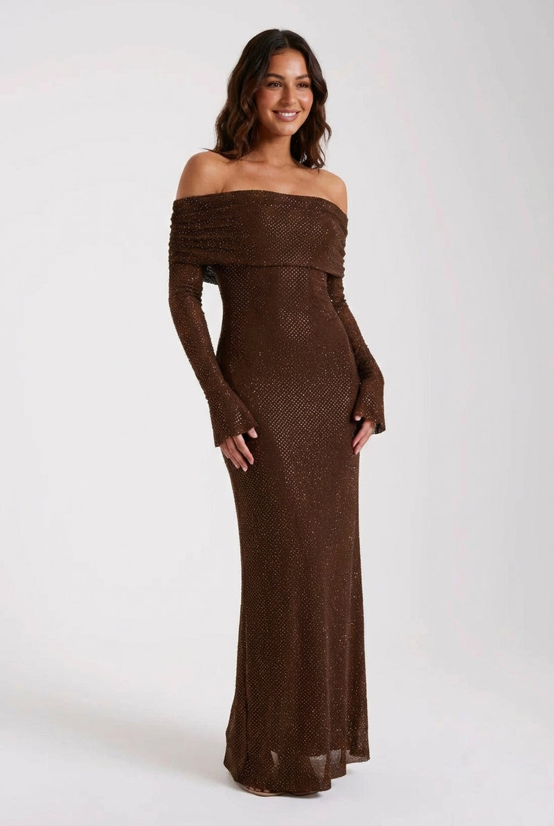 Off-Shoulder Evening Gown-dresses > evening gown-Laventaire-Dark Brown-S-Laventaire