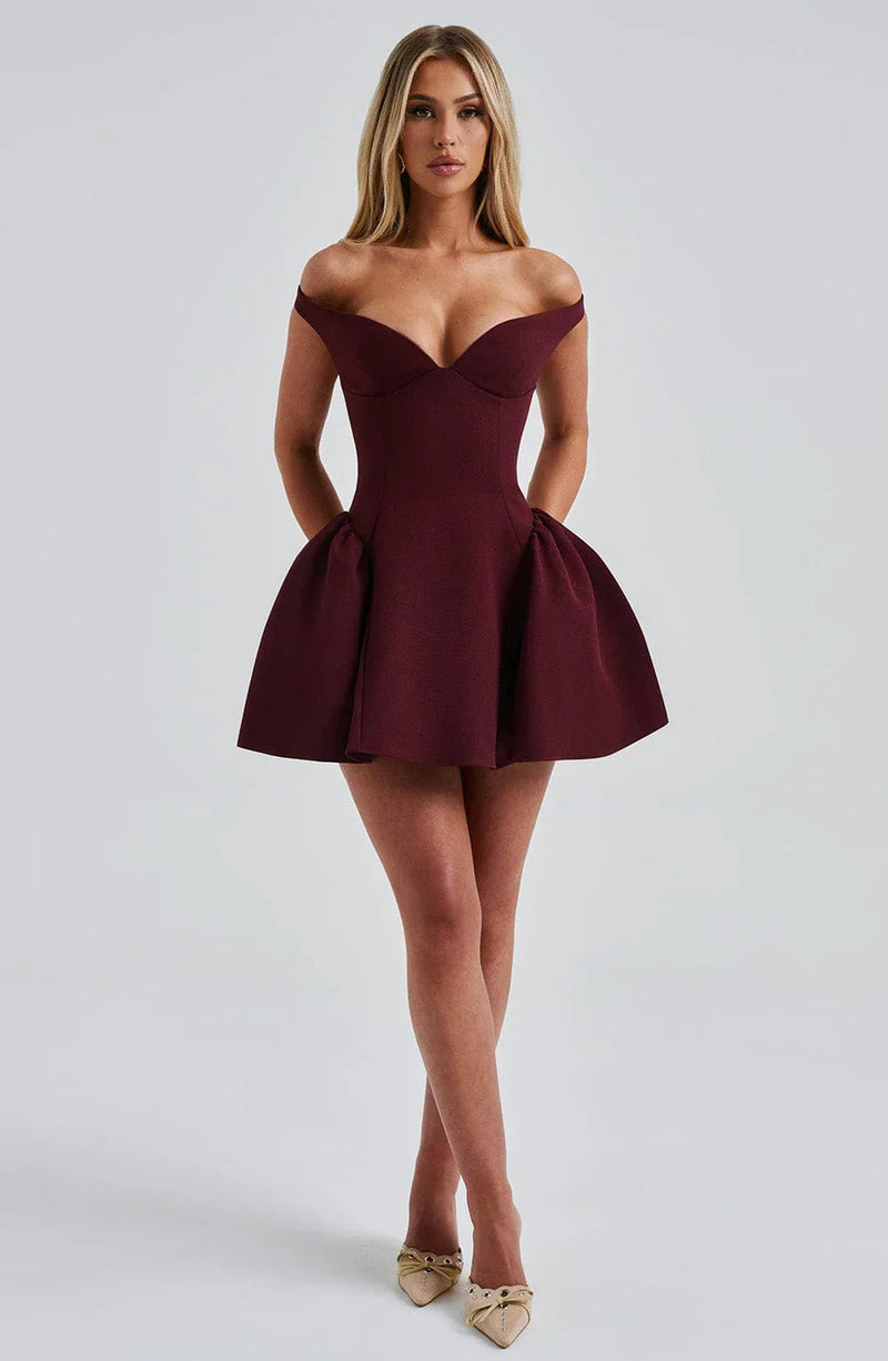 Off-Shoulder Flared Mini Dress-dresses > mini dress-Laventaire-Laventaire