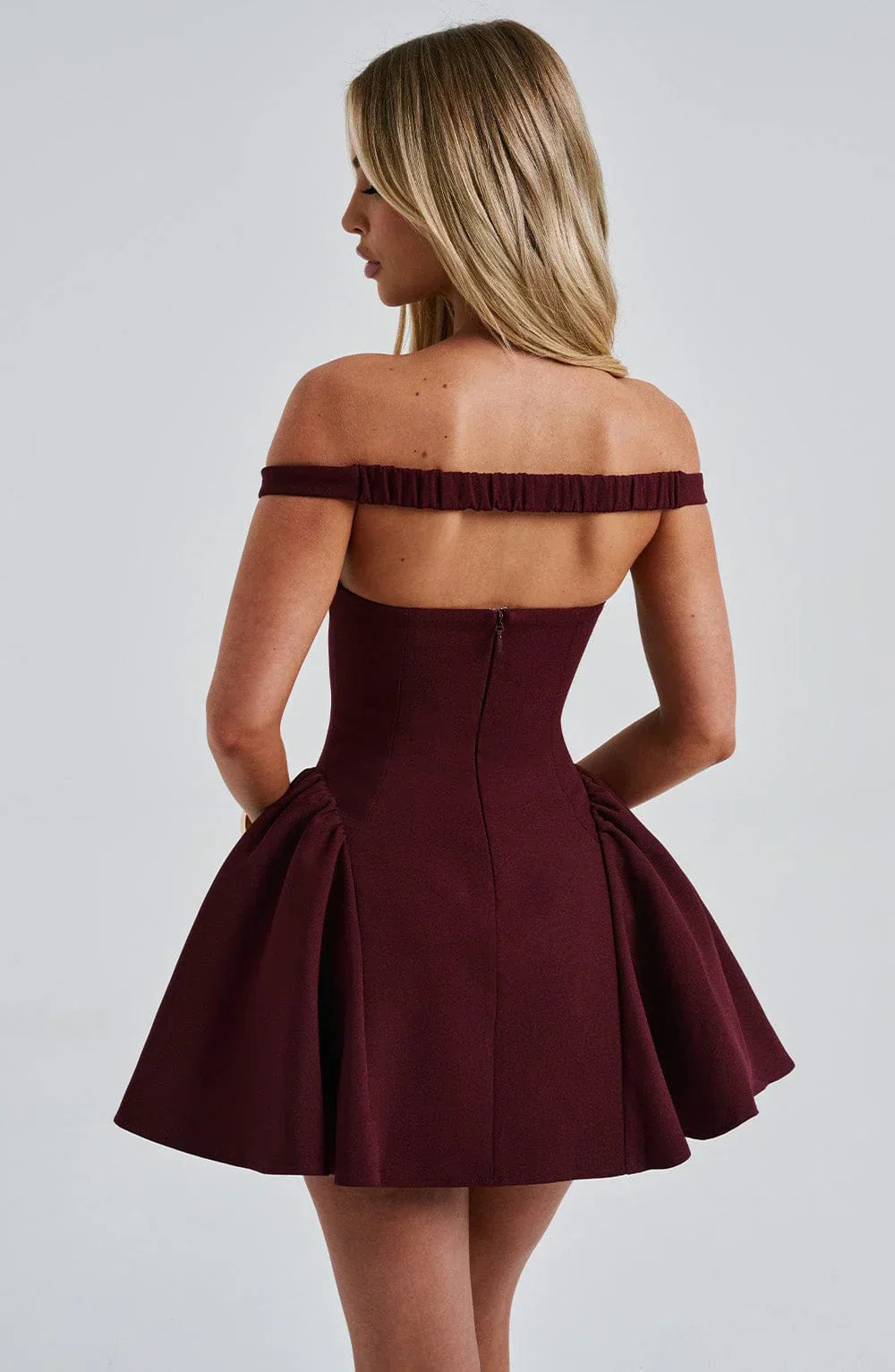 Off-Shoulder Flared Mini Dress-dresses > mini dress-Laventaire-Laventaire
