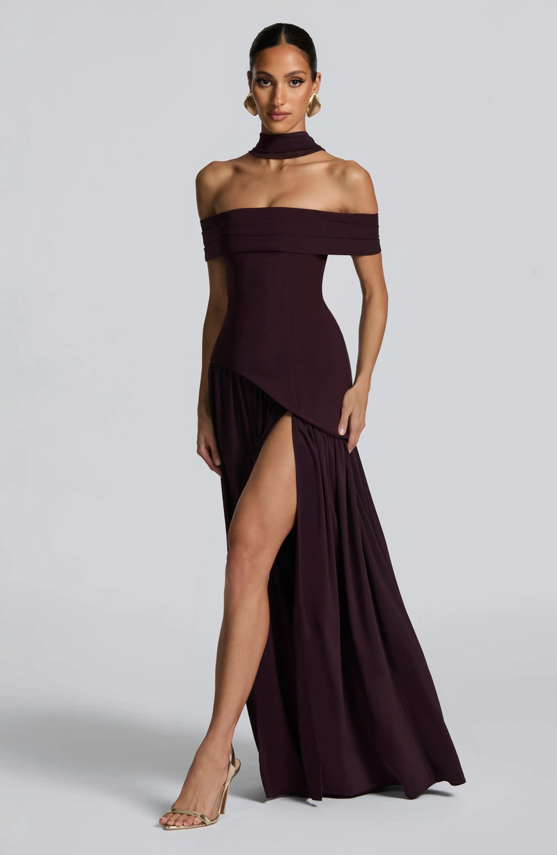 Off-Shoulder High Slit Maxi Dress-dresses > maxi dress-Laventaire-Laventaire