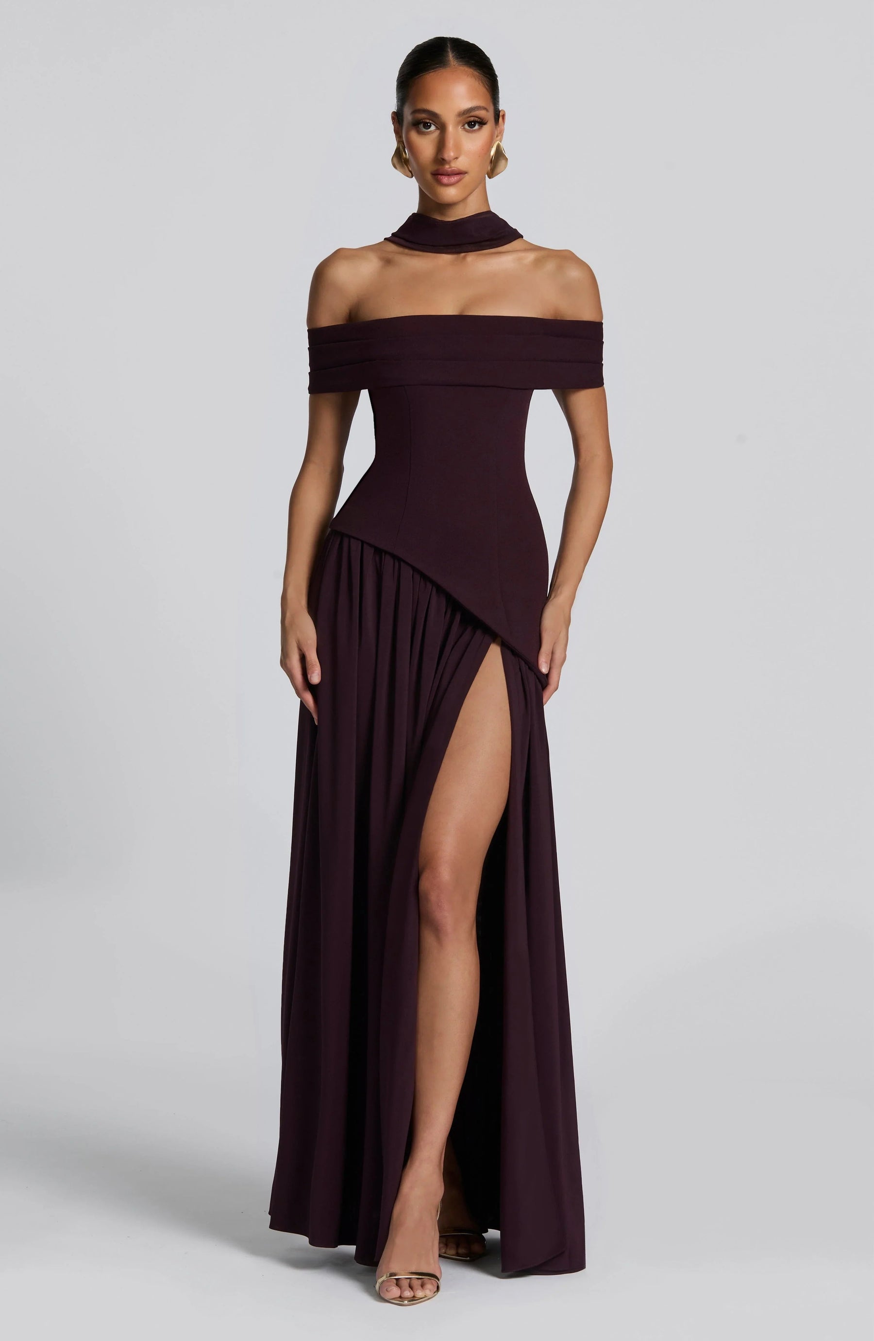 Off-Shoulder High Slit Maxi Dress-dresses > maxi dress-Laventaire-Laventaire