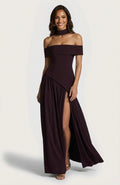 Off-Shoulder High Slit Maxi Dress-dresses > maxi dress-Laventaire-Burgundy-XS-Laventaire