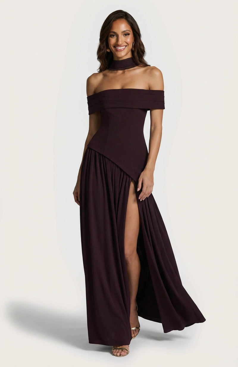 Off-Shoulder High Slit Maxi Dress-dresses > maxi dress-Laventaire-Burgundy-XS-Laventaire
