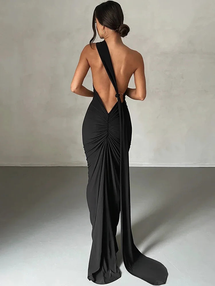 One-Shoulder Maxi Dress-dresses > maxi dress-Laventaire-Black-S-Laventaire
