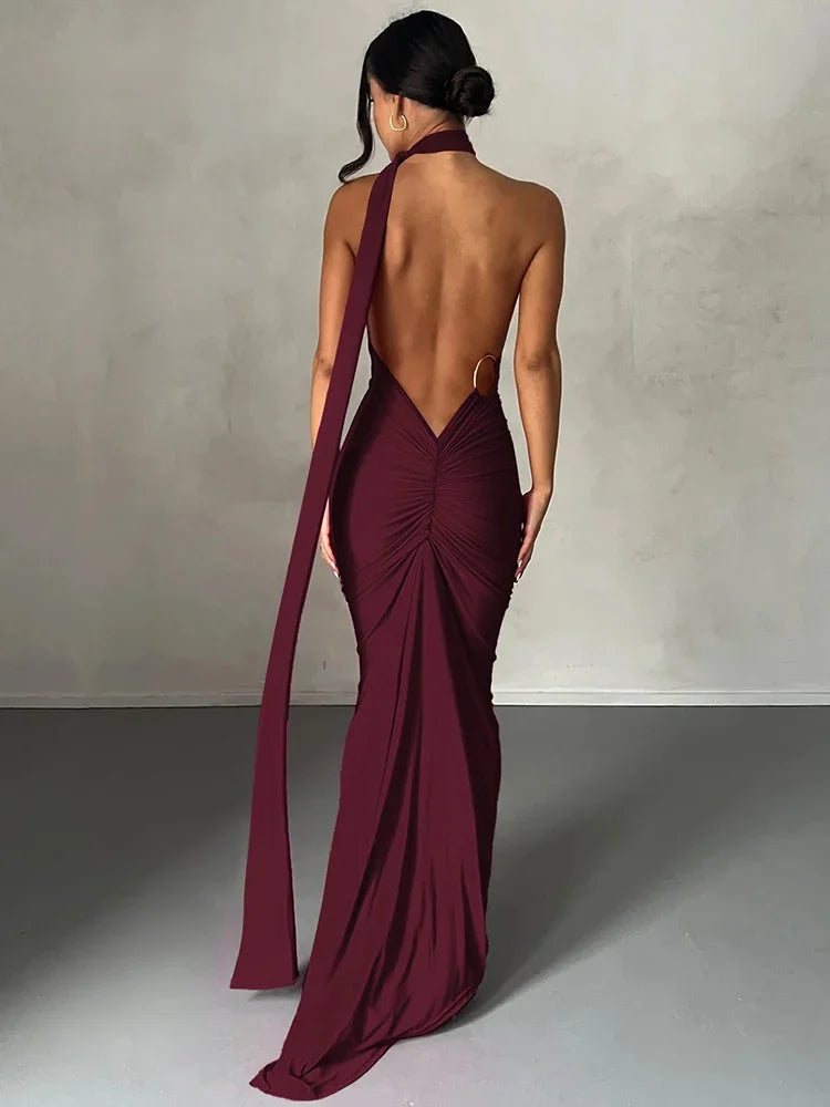 One-Shoulder Maxi Dress-dresses > maxi dress-Laventaire-Burgundy-S-Laventaire