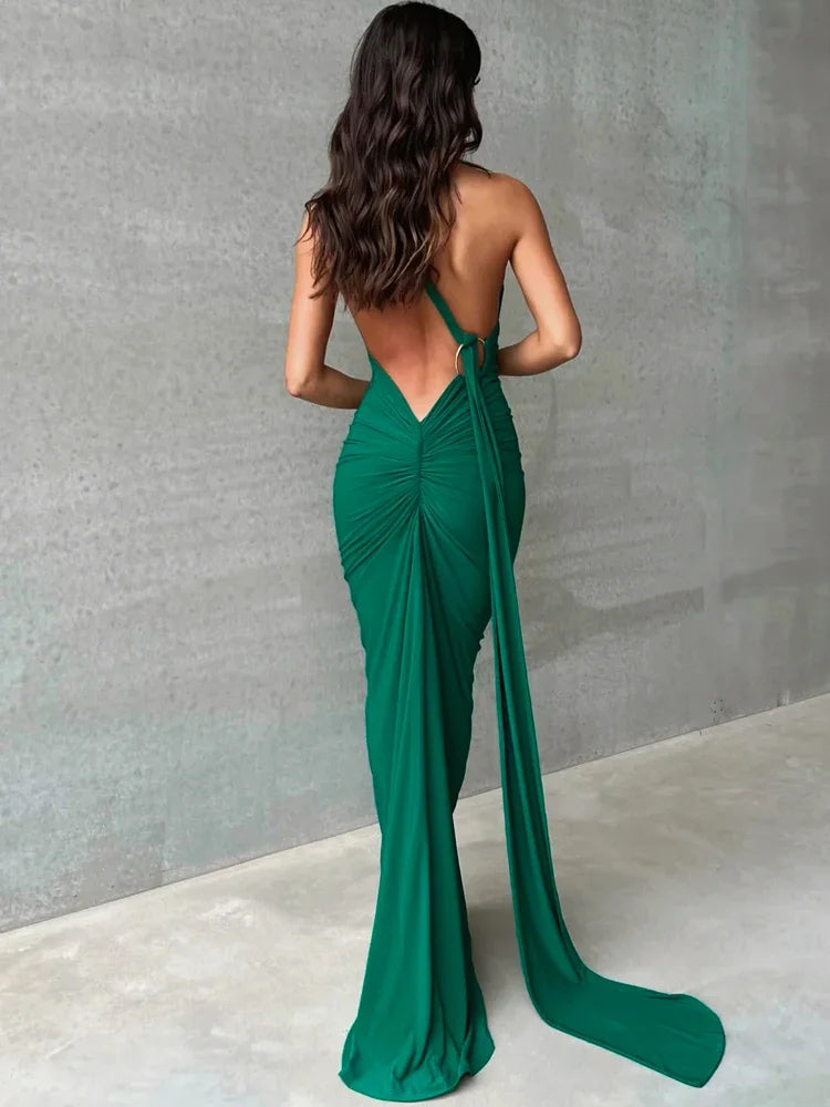 One-Shoulder Maxi Dress-dresses > maxi dress-Laventaire-Dark Green-S-Laventaire