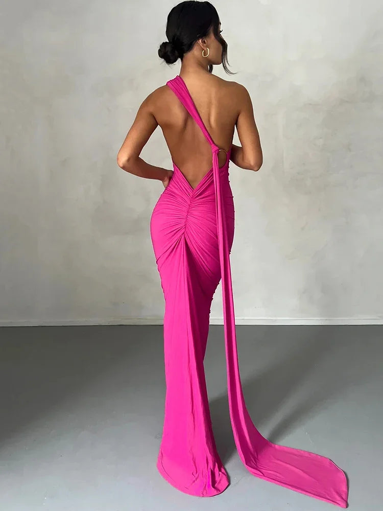 One-Shoulder Maxi Dress-dresses > maxi dress-Laventaire-Dark Pink-S-Laventaire