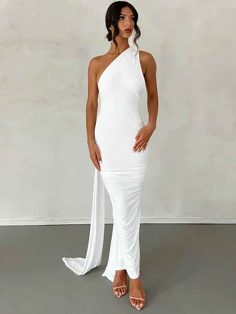 One-Shoulder Maxi Dress-dresses > maxi dress-Laventaire-White-S-Laventaire