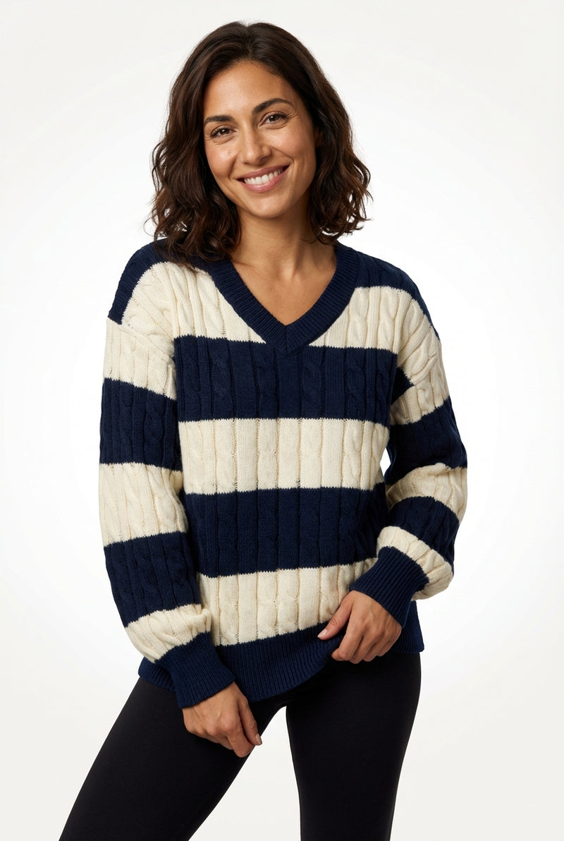 Oversized Cable Knit Sweater-sweaters > oversized sweater-Laventaire-Navy Blue-S-Laventaire
