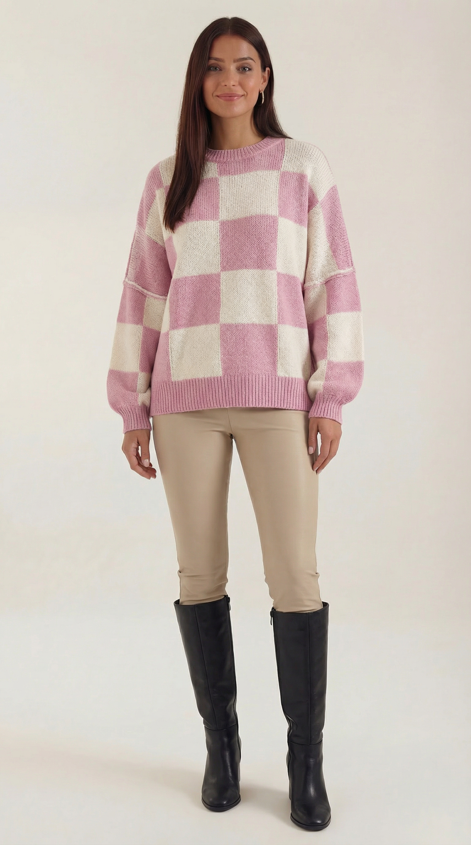 Oversized Checkered Sweater-sweaters > oversized sweater-Laventaire-Baby Pink-S-Laventaire