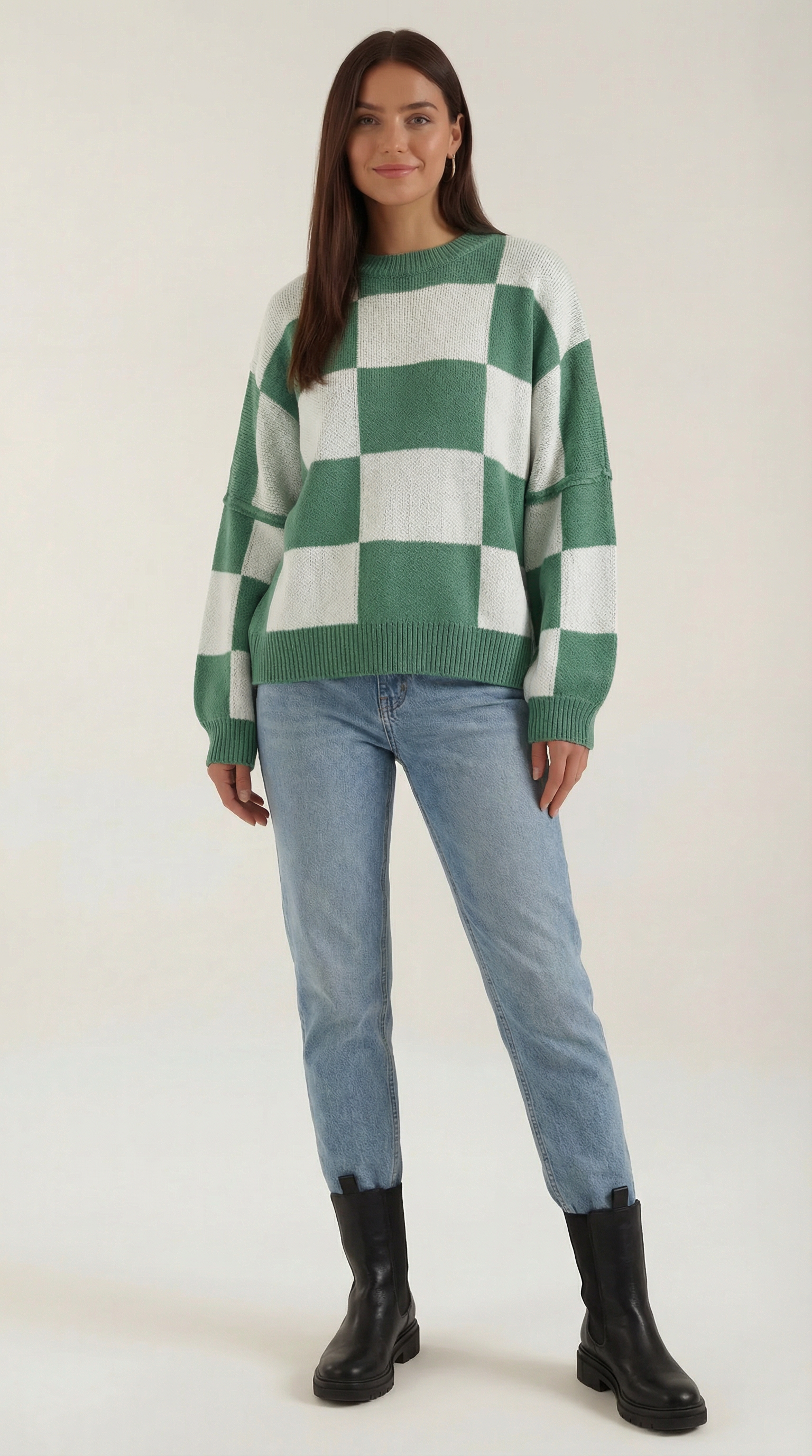 Oversized Checkered Sweater-sweaters > oversized sweater-Laventaire-Green-S-Laventaire