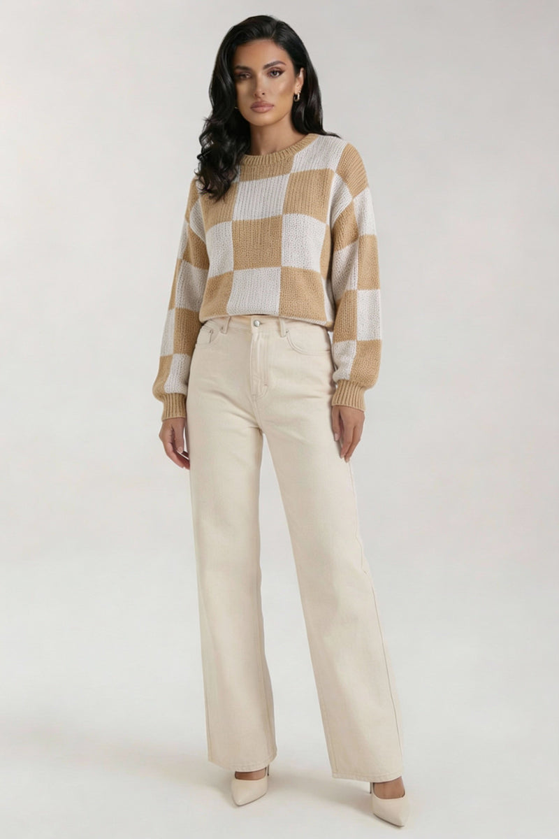 Oversized Checkered Sweater-sweaters > oversized sweater-Laventaire-Khaki-S-Laventaire